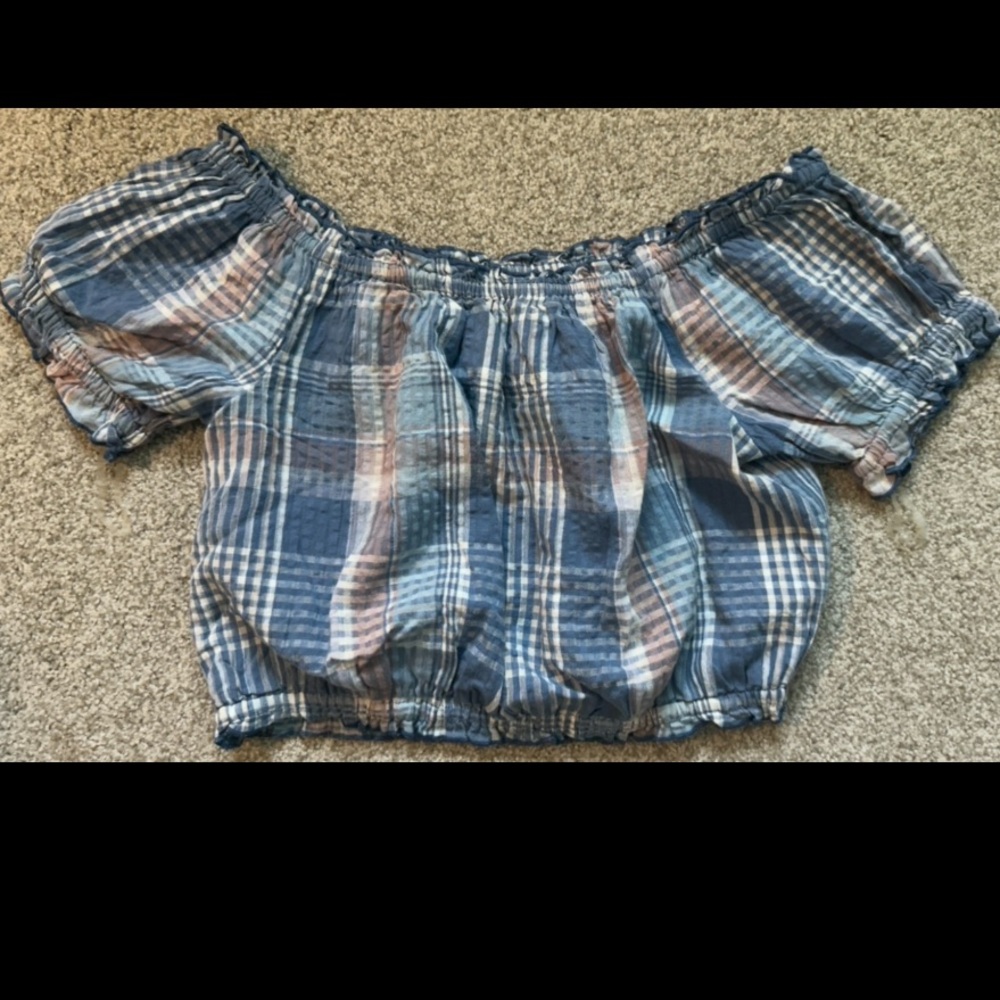 American Eagle Outfitters Blue Plaid Off-Shoulder Top